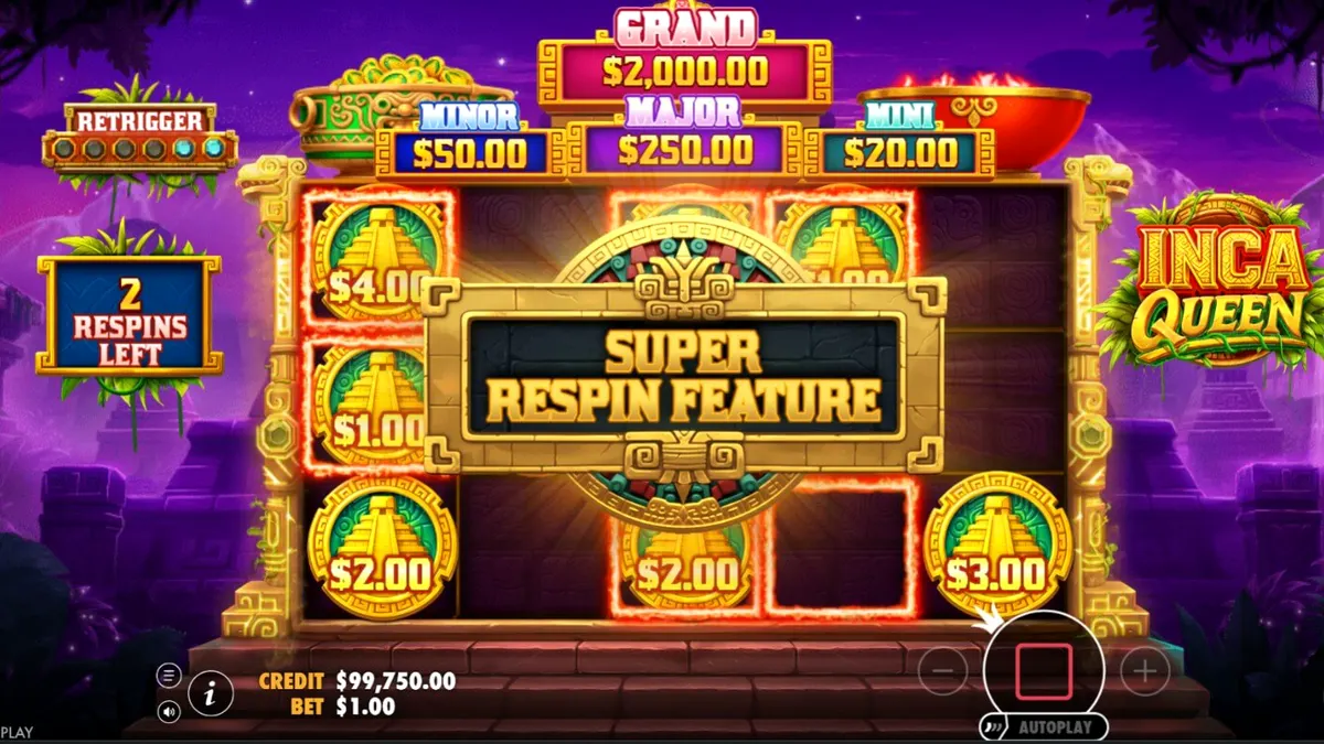 Inca Queen slot machine interface featuring ancient Incan temple background and golden coin symbols.