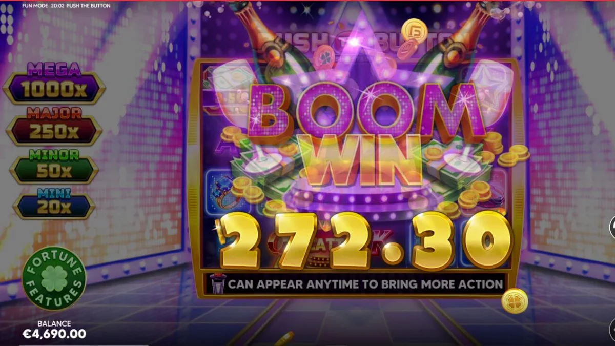 Tampilan visual slot Push the Button dengan tema studio kuis TV yang mewah