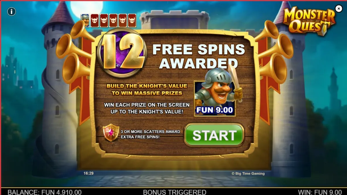 Tampilan visual kastil abad pertengahan dan ksatria dalam slot Monster Quest